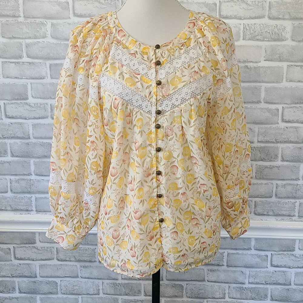 FATE Yellow Floral Balloon Long Sleeve Blouse Lace Inset Cottage Feminine Small